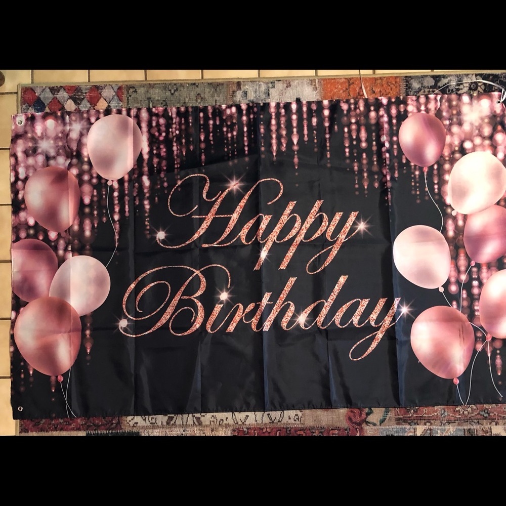 Rose Gold (Pink) and Black Cloth Happy Birthday Banner with ties.